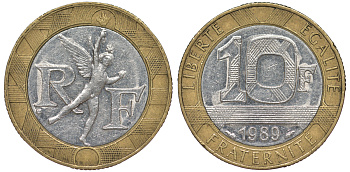 Франция 10 франков 1989 тип гений Бастилии KM 964.1, Le Franc 375.3 биметалл 45-622