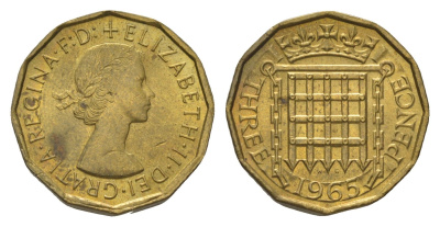 Великобритания 3 пенса 1965 Елизавета II (1952-2022) KM 900, Spink 4153 никель латунь aUNC 4628-814