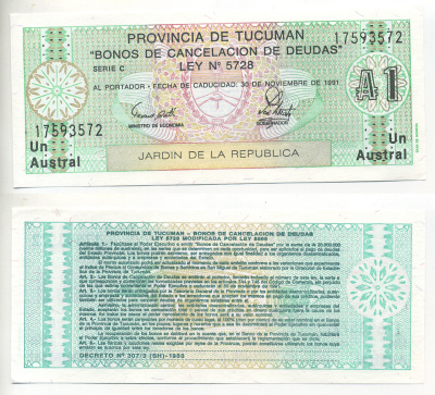 Аргентина, провинция Тукуман 1 аустраль 1991 Pick S 2711b бумага UNC (пресс) 7548-7-3-1