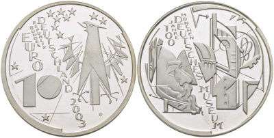 ФРГ 10 евро 2003 D, 100 лет немецкому музею в Мюнхене KM 225, DE.S. 10.6 серебро PROOF 413-6121
