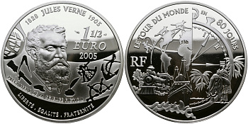 Франция 1 1/2 евро 2005 Жюль Верн, вокруг света за 80 дней KM 2029 серебро PROOF 1068-10-22