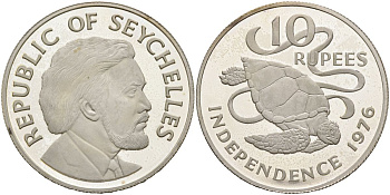 Сейшельские острова 10 рупий 1976 декларация независимости, зелёная морская черепаха KM 28а серебро PROOF 1098-3-62