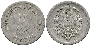 ГЕРМАНИЯ 5 ПФЕННИГОВ 1876 E, СТАРОГЕРБОВКА KM 3, J. 3 медно-никель 39-365