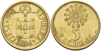 Португалия 5 эскудо 1990  KM 632 никель латунь    4161-832