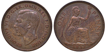 Великобритания 1 пенни 1937 Георг VI (1936-1952) KM 845, Spink 4114 бронза 4131-426