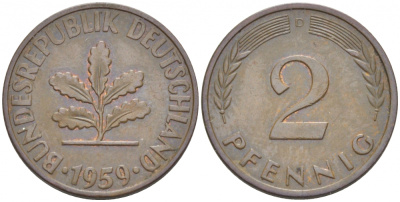 ФРГ 2 ПФЕННИГА 1959 D KM 106, J. 381 бронза 3955-627