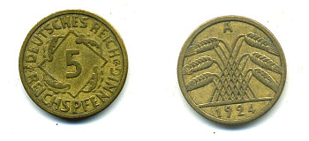 ГЕРМАНИЯ 5 РЕЙХСПФЕННИГОВ 1924 A, KM 39, J. 316 алюминиевая бронза 46-2124