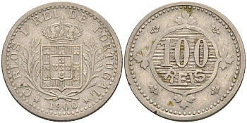 ПОРТУГАЛИЯ 100 РЕЙС 1900 КАРЛОС I (1889-1908) KM 546 медно-никель 4563-1026