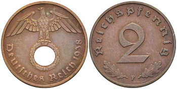 ГЕРМАНИЯ 2 РЕЙХСПФЕННИГА 1938 F KM 90, J. 362 бронза 261-927