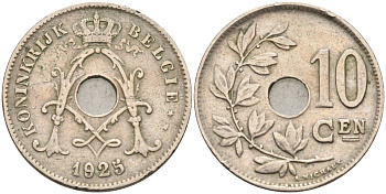 Бельгия 10 сантимов 1925 BELGIE, Альберт I KM 86 медно-никель 4591-845
