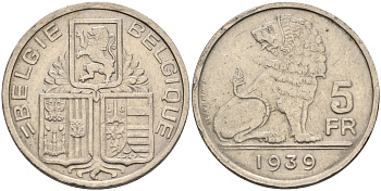 Бельгия 5 франков 1939 BELGIE-BELGIQUE, Леопольд III, лев KM 117 никель 4591-912