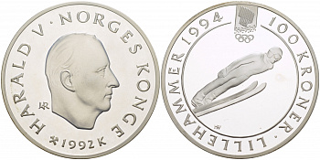 Норвегия 100 крон 1992 зимние Олимпийские игры 1994 года в Лиллехаммере, прыжки с трамплина KM 440 серебро BUNC 06-271-44