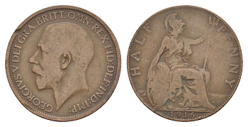 Великобритания 1/2 пенни 1916 Георг V (1910-1936) KM 809, Spink 4056 бронза 53-813
