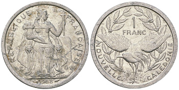 Французская Новая Каледония 1 франк 1988 птица кагу, (IEOM) KM 10, Schoen 10, Lec 48 алюминий 53-352
