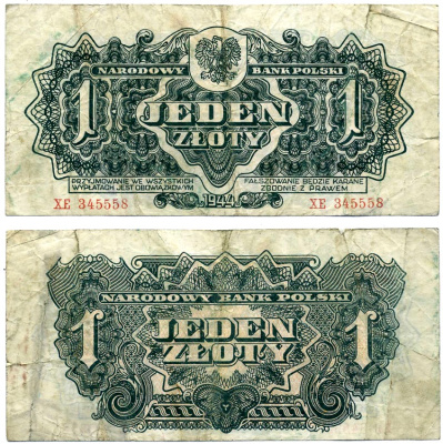Польша 1 злотый 1944 ПЕРВЫЙ НАЦИОНАЛЬНЫЙ выпуск ПОСЛЕ второй МИРОВОЙ ВОЙНЫ Pick 105а бумага 437-9-2-2