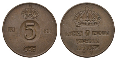 Швеция 5 эре 1953 TS, Густав VI Адольф (1950-1973) KM 822 бронза 3336-212