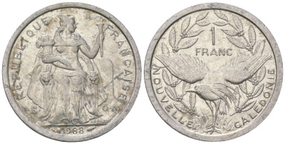 Французская Новая Каледония 1 франк 1988 птица кагу, (IEOM) KM 10, Schoen 10, Lec 48 алюминий 53-352