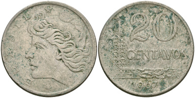 Бразилия 20 сентаво 1967 голова Свободы влево KM 579.1, Schon 84 медно-никель 87-446