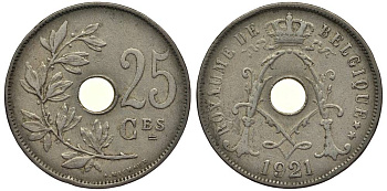 БЕЛЬГИЯ 25 САНТИМОВ 1921 BELGIQUE, АЛЬБЕРТ I (1909-1934) KM 68.1 медно-никель 27-922