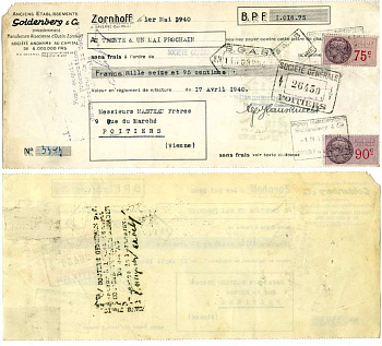 ШВЕЙЦАРИЯ ЧЕК НА 1000 ФРАНКОВ 75 САНТИМОВ 1940 MANUFACTURE ALSACIENNE d'OUTILS ZORNHOFF, ВЫПИСАН AU TRENTE & UN MAI PROCHAIN, 17 АПРЕЛЯ 1940 бумага 6262-24-1-2