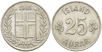 Исландия 25 эйре 1965 KM 11 медно-никель 3996-1045