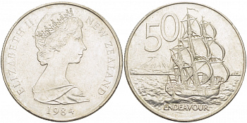 Новая Зеландия 50 центов 1984 Елизавета II (1952-2022), парусник Индевор KM 37.1 медно-никель 215-434