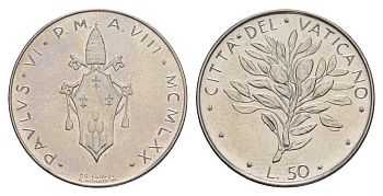 Ватикан 50 лир 1970 MCMLXX, Павел VI KM 121 нержавеющая сталь UNC 4648-123