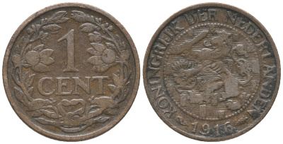 НИДЕРЛАНДЫ 1 ЦЕНТ 1916 ВИЛЬГЕЛЬМИНА I (1890-1948) KM 152 бронза 100-853
