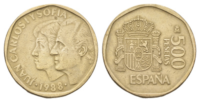 Испания 500 песет 1988 M, Хуан Карлос I (1975-2001) и София KM 831 алюминиевая бронза 4680-421