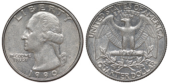 США 25 центов = квотер 1990 P, Вашингтон KM A164a медь плакированная медно-никелем 4543-944