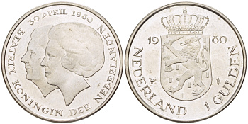 Нидерланды 1 гульден 1980 на коронацию Беатрикс, 30 апреля 1980 KM 200 никель 31-836