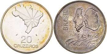 Бразилия 20 крузейро 1972 150 лет независимости, в оригинальной пластиковой упаковке KM 583 серебро  UNC  1071-6-43