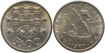 ПОРТУГАЛИЯ 5 ЭСКУДО 1977 ПАРУСНИК KM 590 медно-никель UNC 181-351
