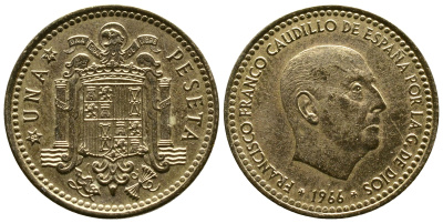 Испания 1 песета 1966 (74) Франсиско Франко (1939-1975) KM 796 алюминиевая бронза 93-416