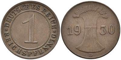Германия 1 рейхспфенниг 1930 D KM 37, J.313, Weege 2 медь 4585-617