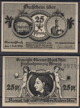 Обервайсбах 25 пфеннигов 1921 Grabowski 1003.1-2/5 бумага UNC (пресс) 8592-50-2-2