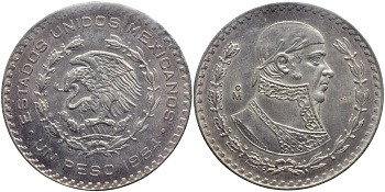 Мексика 1 песо 1964 Хосе Мария Морелос, в оригинальной запайке KM 459 серебро UNC 633-734