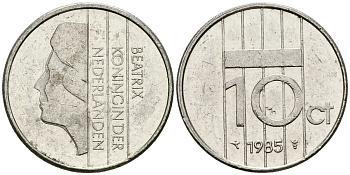НИДЕРЛАНДЫ 10 ЦЕНТОВ 1985 БЕАТРИКС KM 203 никель 96-547