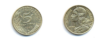 ФРАНЦИЯ 5 САНТИМОВ 1987 ТИП MARIANNE KM 933 медь алюминий никель 4379-565