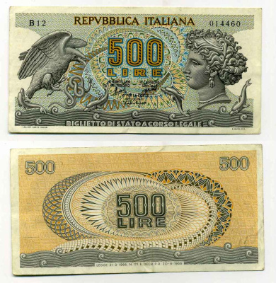 Италия 500 лир 1966 20 июня 1966 Pick 93a бумага 8588-14-3-2