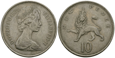 Великобритания 10 пенсов 1968 Елизавета II (1952-2022) KM 912, Spink 4231 (F1) медно-никель 4120-344