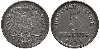 Германия 5 пфеннигов 1921 J KM 19, J. 297, Weege 5 железо 4547-633