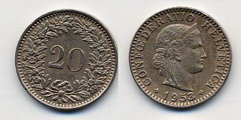 ШВЕЙЦАРИЯ 20 РАППЕНОВ 1958 KM 29a медно-никель 54-769