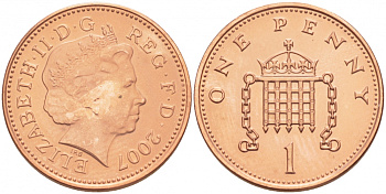 Великобритания 1 пенни 2007 Елизавета II (1952-2022) KM 986, Spink 4710 (B5) сталь плакированная медью UNC 201-868