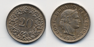 ШВЕЙЦАРИЯ 20 РАППЕНОВ 1958 KM 29a медно-никель 54-769