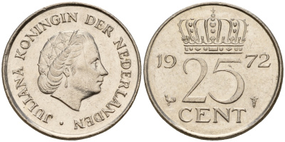 Нидерланды 25 центов 1972 Юлиана (1948-1980) KM 183 никель    4598-466