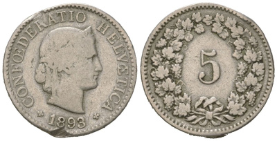 Швейцария 5 раппенов 1893 B KM 26 медно-никель 39-128