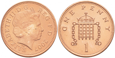 Великобритания 1 пенни 2007 Елизавета II (1952-2022) KM 986, Spink 4710 (B5) сталь плакированная медью UNC 201-868