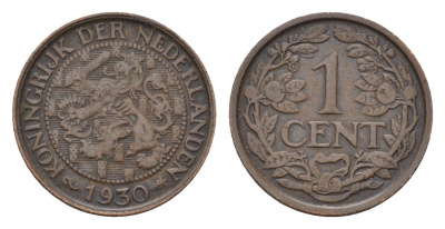 Нидерланды 1 цент 1930 Вильгельмина (1890-1948) KM 152 бронза 4674-1156