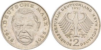 ФРГ 2 марки 1991 G , Людвиг Эрхард, 40 лет Федеративной Республике (1948-1988) KM 170, J. 445 медно-никель плакированный никелем 4583-616